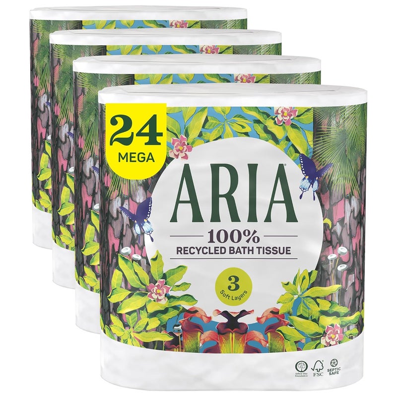 ARIA 100% Recycled Toilet Paper, 24 Rolls, 3-Ply Soft Bath Tissue, Paper Packaging - Image 1